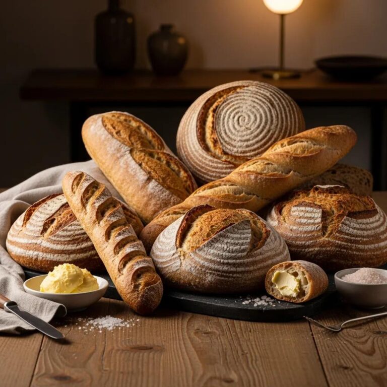 Artisanal breads displayed on a wooden table, showcasing various gourmet loaves, accompanied by butter and salt, highlighting Kaviar's refined bread service in luxury dining.