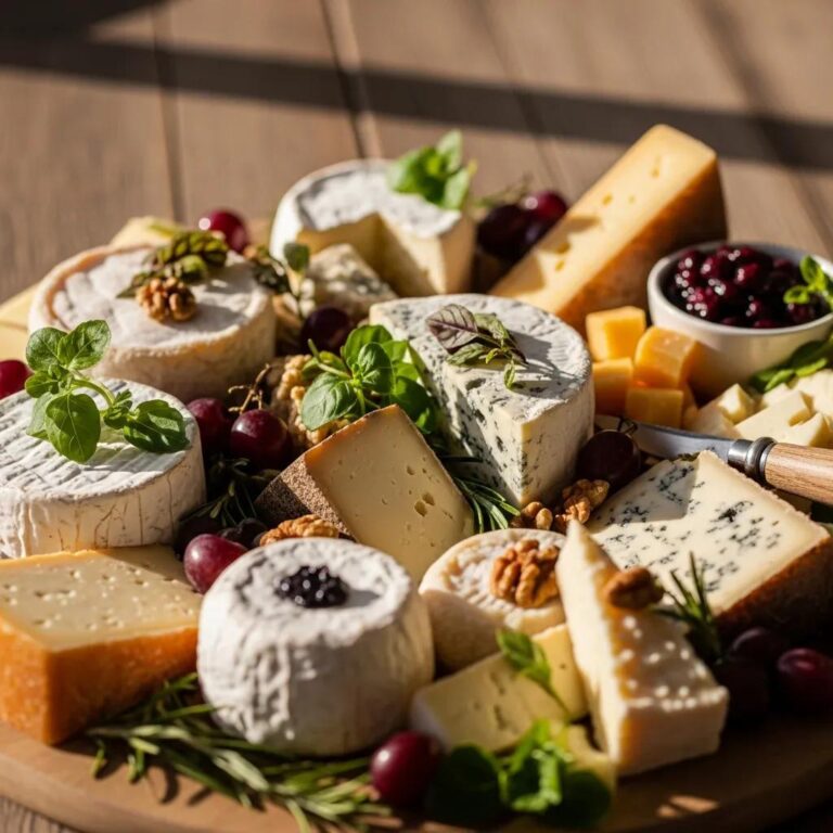 Artisanal cheese platter showcasing a variety of cheeses with fruits and herbs