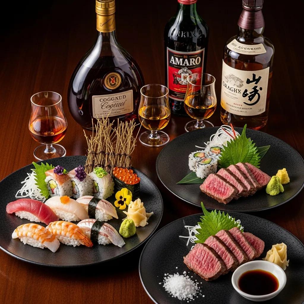 Artistic arrangement of sushi, A5 Wagyu beef, and digestifs including Cognac, Amaro, and Japanese whisky, highlighting luxury Japanese fine dining and after-dinner drink pairings.
