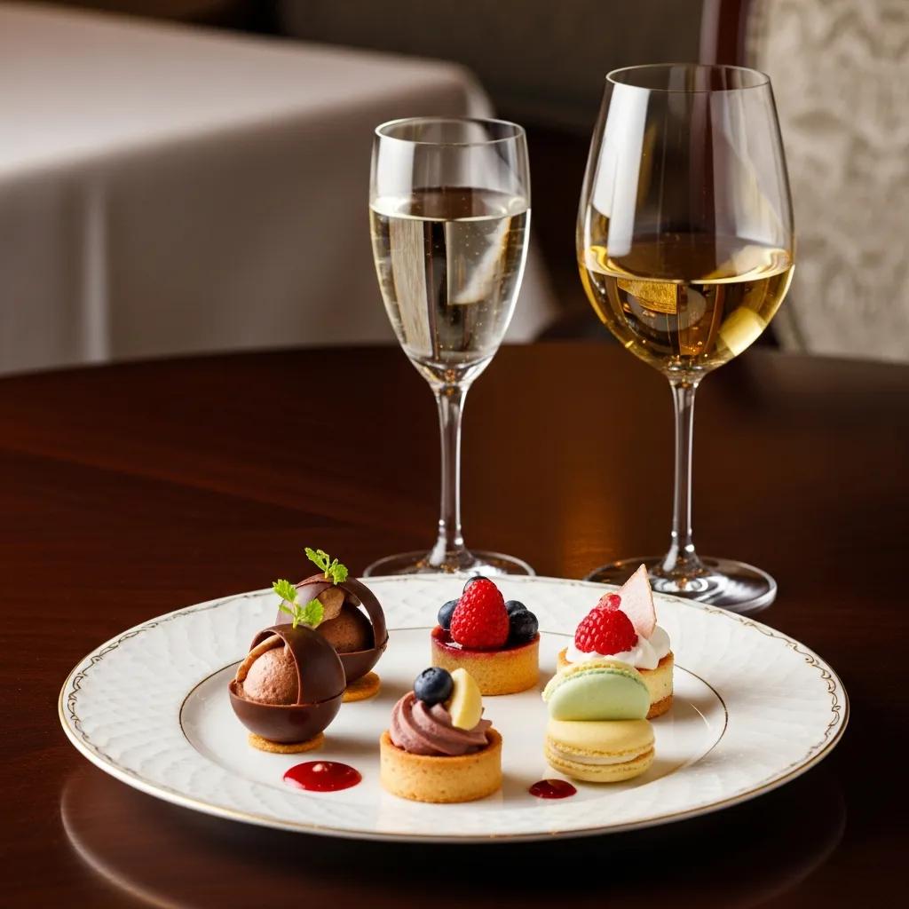 Artistic arrangement of Kaviar's seasonal desserts, featuring chocolate and fruit elements, paired with white wine and sparkling sake in a fine dining setting.