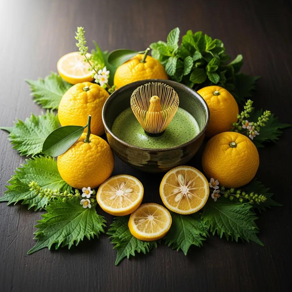 Artistic arrangement of yuzu, matcha, and shiso leaves on a wooden surface, featuring whole and sliced lemons, a bowl of matcha, and decorative mint, highlighting non-alcoholic beverage ingredients for sushi pairings.