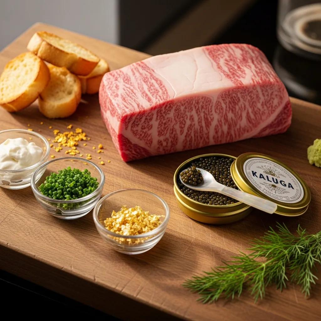 Carefully presented Miyazaki A5 Wagyu and Kaluga caviar to highlight premium sourcing
