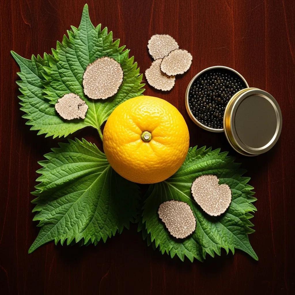 Artistic arrangement of premium Japanese cocktail ingredients including yuzu citrus, shiso leaves, truffle slices, and caviar, emphasizing luxury and umami flavors for a refined cocktail experience.