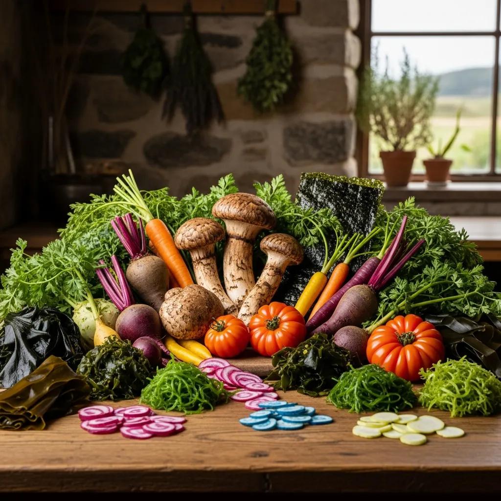 Artistic arrangement of premium plant-based ingredients, including king oyster mushrooms, heirloom tomatoes, vibrant heirloom vegetables, and seaweeds, set in a rustic kitchen, emphasizing sustainable sourcing and culinary creativity in fine dining.