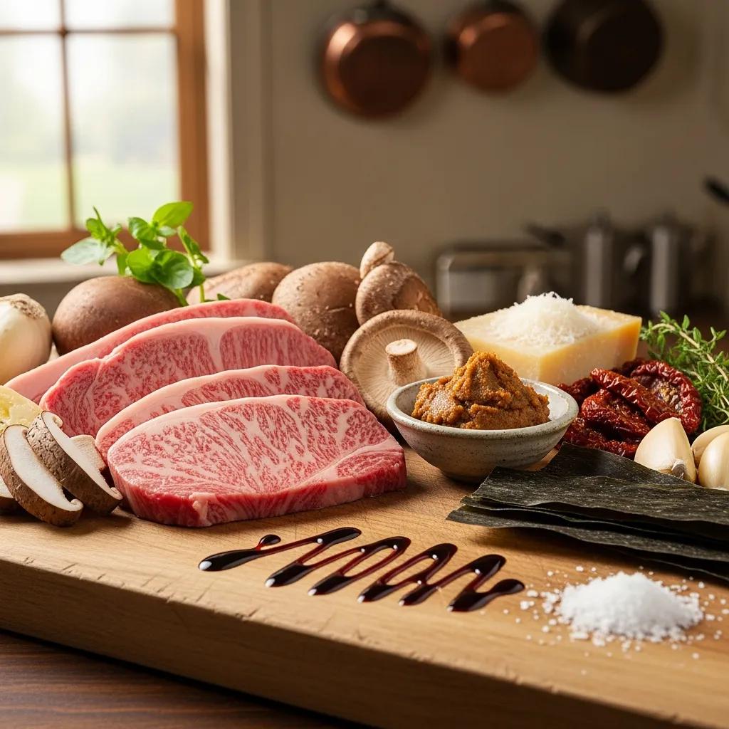 Artful arrangement of umami-rich ingredients: A5 Wagyu, shiitake and miso