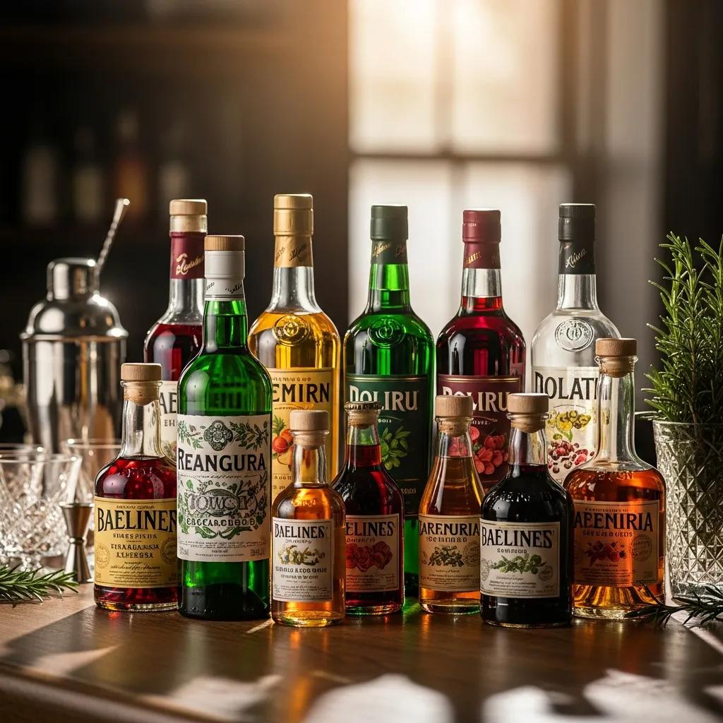 Curated selection of herbal liqueurs and amari presented to highlight label design and color in a warm atmosphere