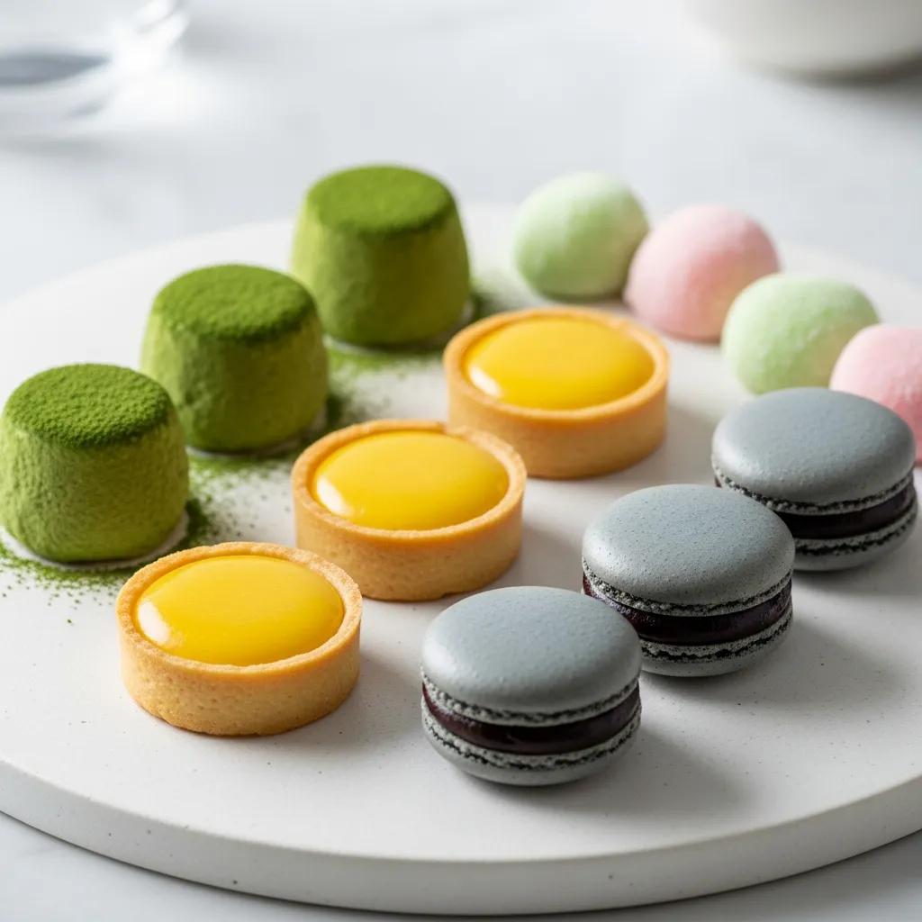 Artistic display of Kaviar's signature petits fours, featuring matcha desserts, yuzu tartlets with bright citrus curd in buttery shells, and gray macarons, showcasing Japanese flavors with luxury accents.