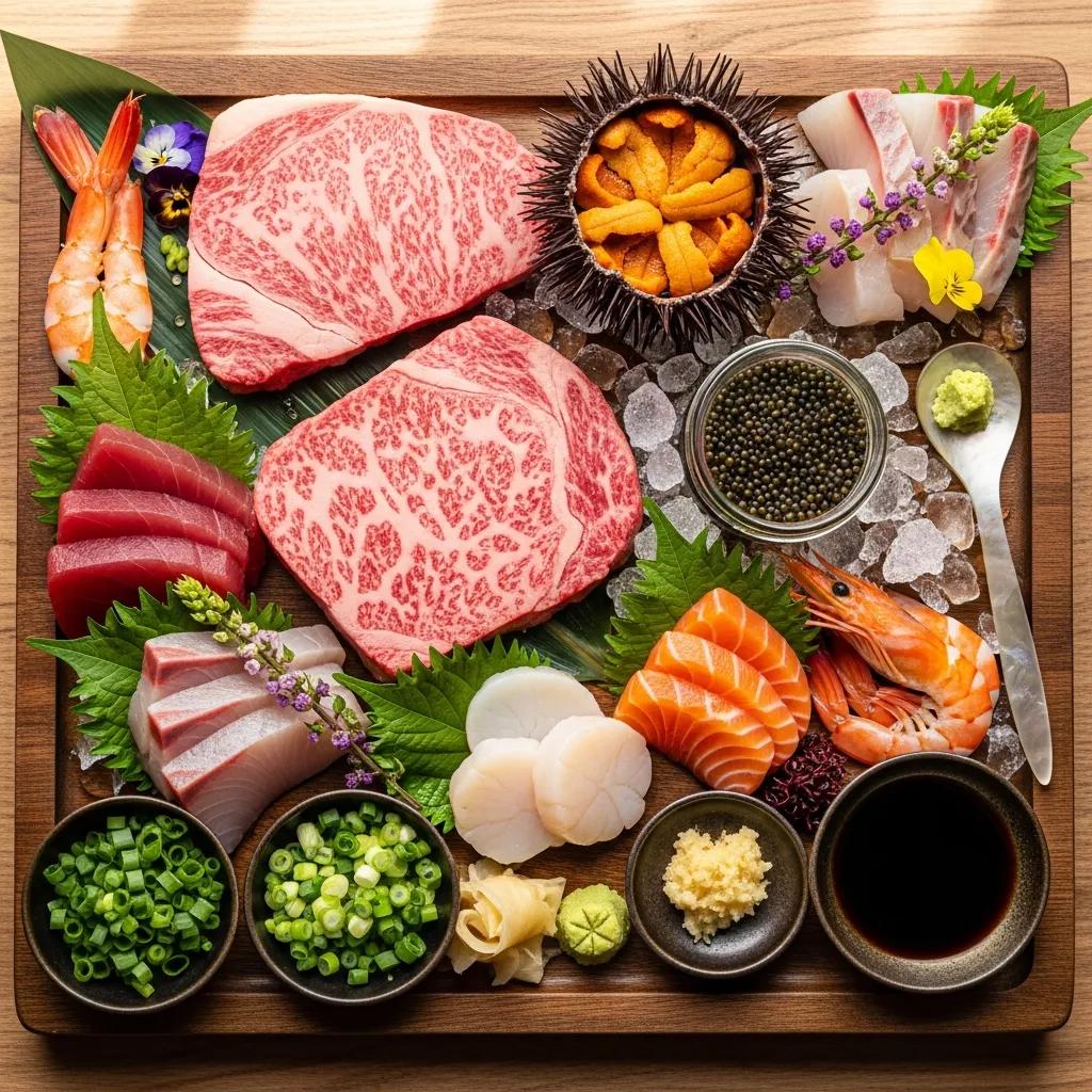 Curated selection of premium Japanese ingredients, including A5 Wagyu and Kaluga caviar