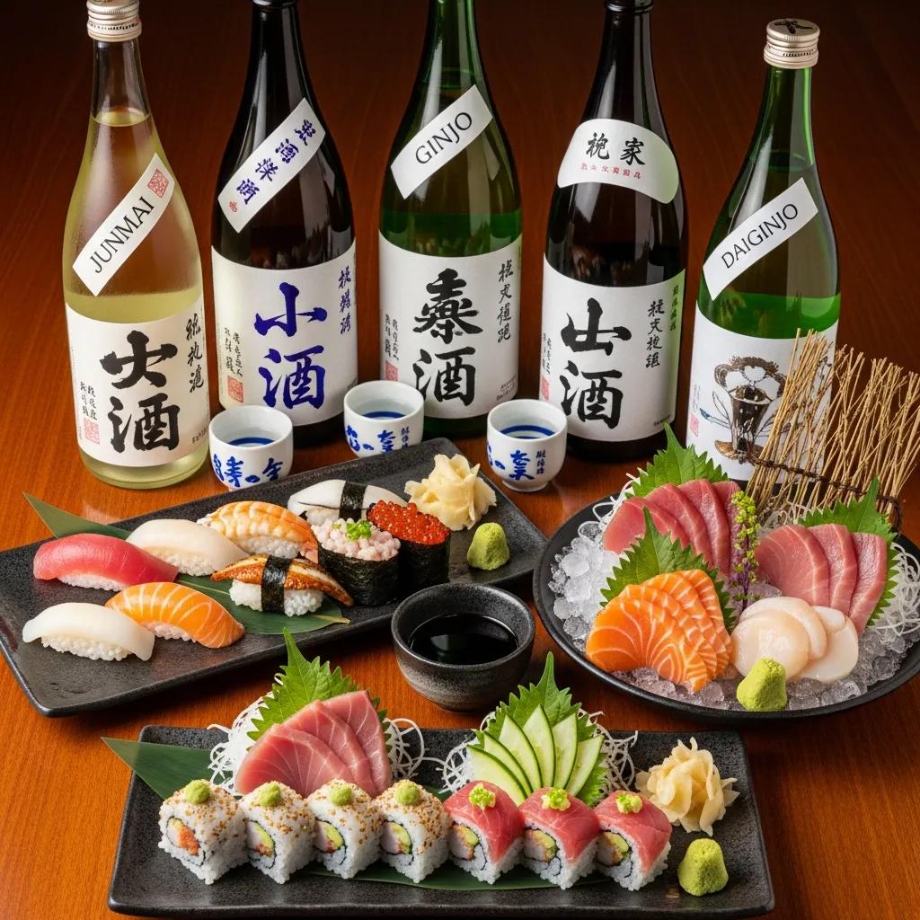 Assortment of sake bottles and cups arranged beside sushi