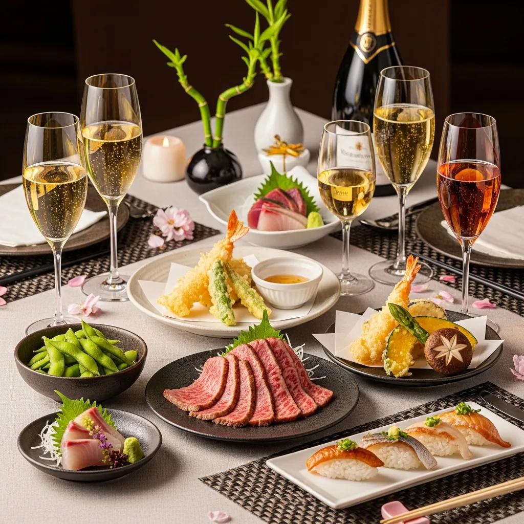 Artistic display of sparkling wines alongside a variety of Japanese dishes, including sushi, sashimi, tempura, and A5 Wagyu, emphasizing the art of food and wine pairing in a luxury dining setting.