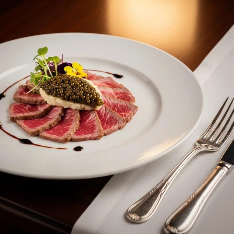 Artistic food presentation featuring A5 Wagyu and caviar on a fine dining plate, emphasizing luxury and culinary artistry