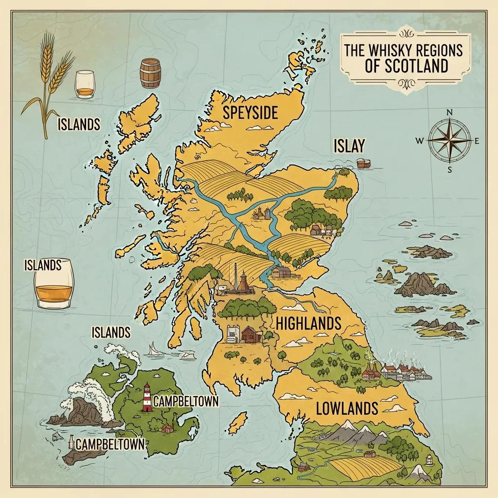 Artistic map of Scotland highlighting whisky regions: Speyside, Islay, Highlands, Lowlands, Campbeltown, and Islands, featuring representative landscapes and distilleries, relevant to single malt Scotch whisky production and tasting.