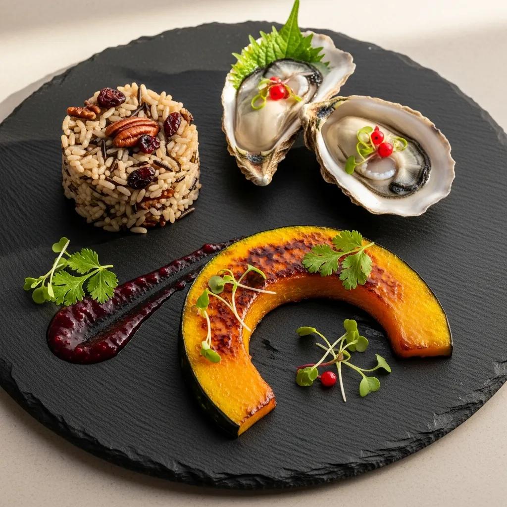 Artistic omakase dish featuring miso-glazed squash, sake-steamed oysters, and wild rice with cranberries and pecans, garnished with microgreens and berry sauce, presented on a black slate plate.