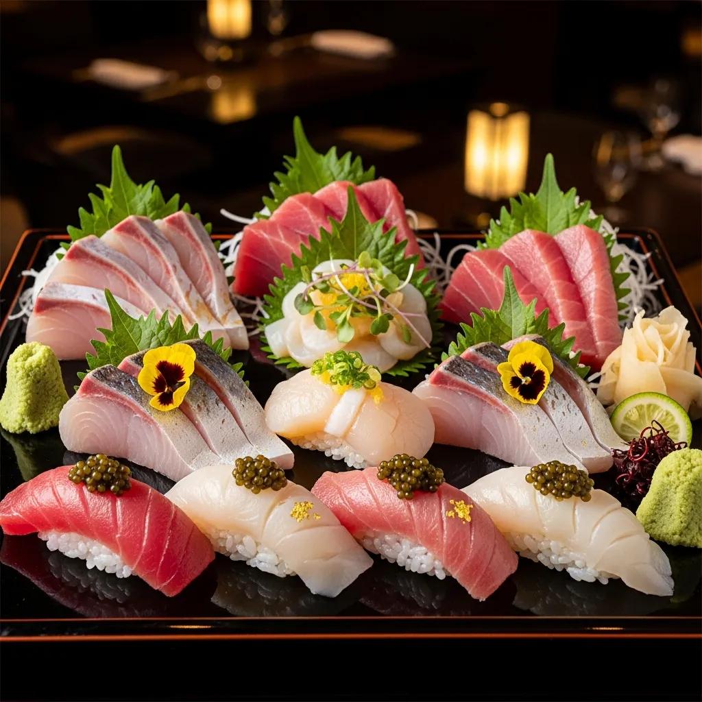 Artful omakase presentation with seasonal seafood and Kaluga caviar — a focus on culinary craft
