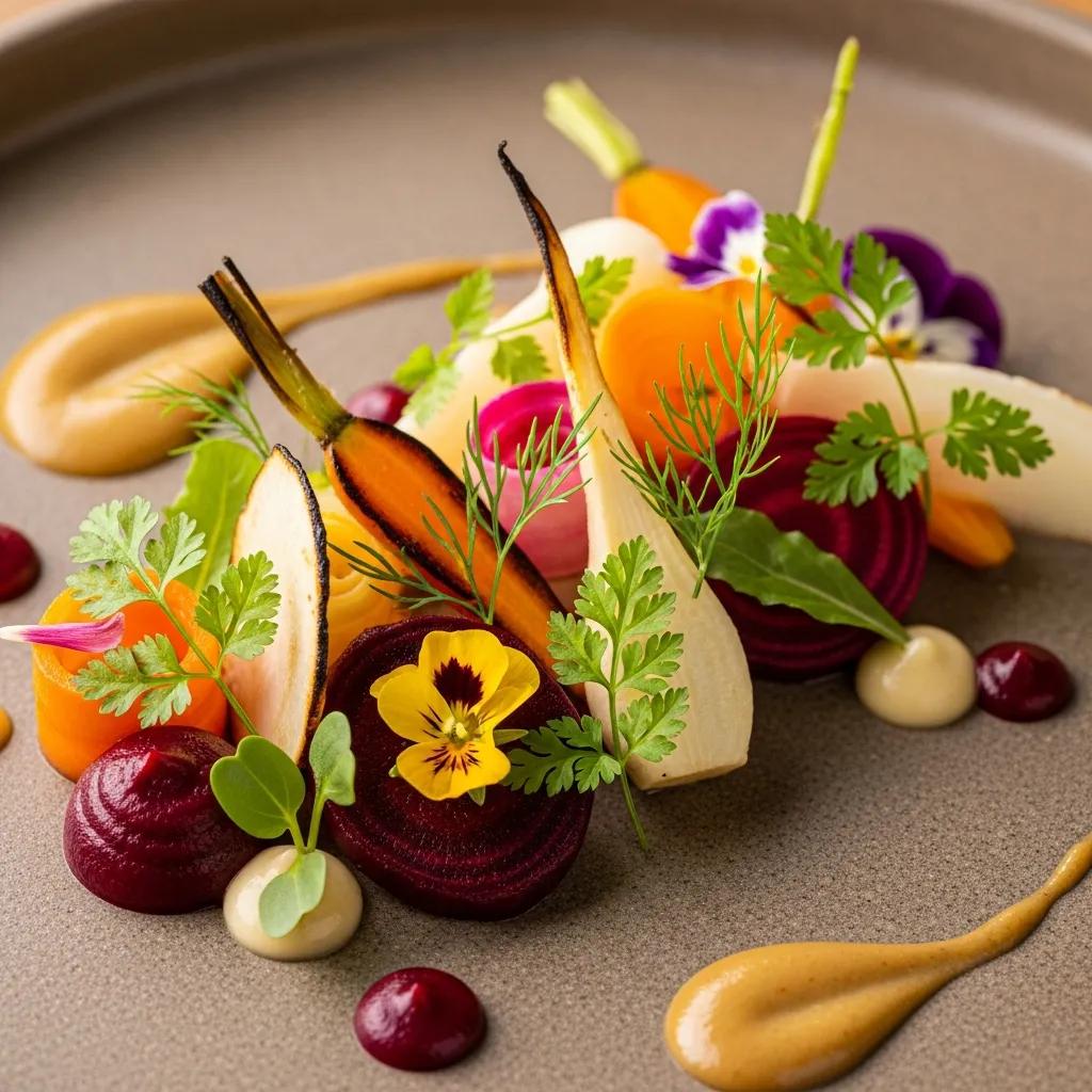 Artistically plated sustainable dish showcasing whole‑plant ingredients and thoughtful composition