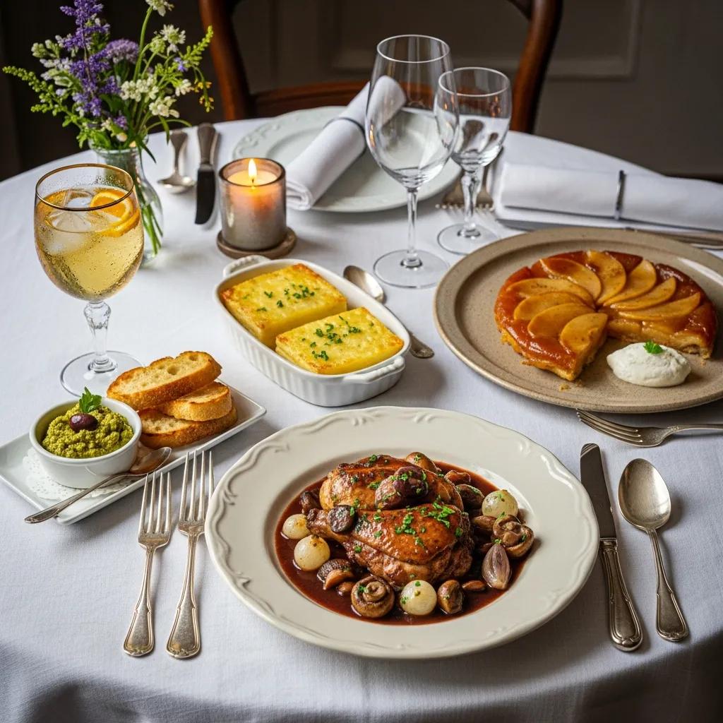 Artistic presentation of a traditional French meal featuring chicken in a rich sauce with vegetables, accompanied by gratin, pesto, toasted bread, and a caramelized apple dessert, set on an elegantly arranged dining table with glassware and a floral centerpiece.