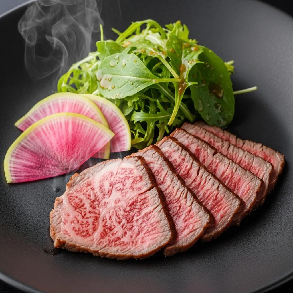 A5 Wagyu beef slices showcasing marbling and tenderness, accompanied by pickled radish and dressed greens, presented elegantly on a dark plate.