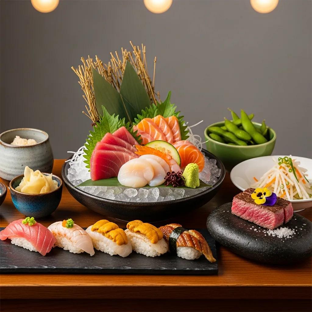 Thoughtful omakase presentation with sashimi and a delicate A5 Wagyu accent