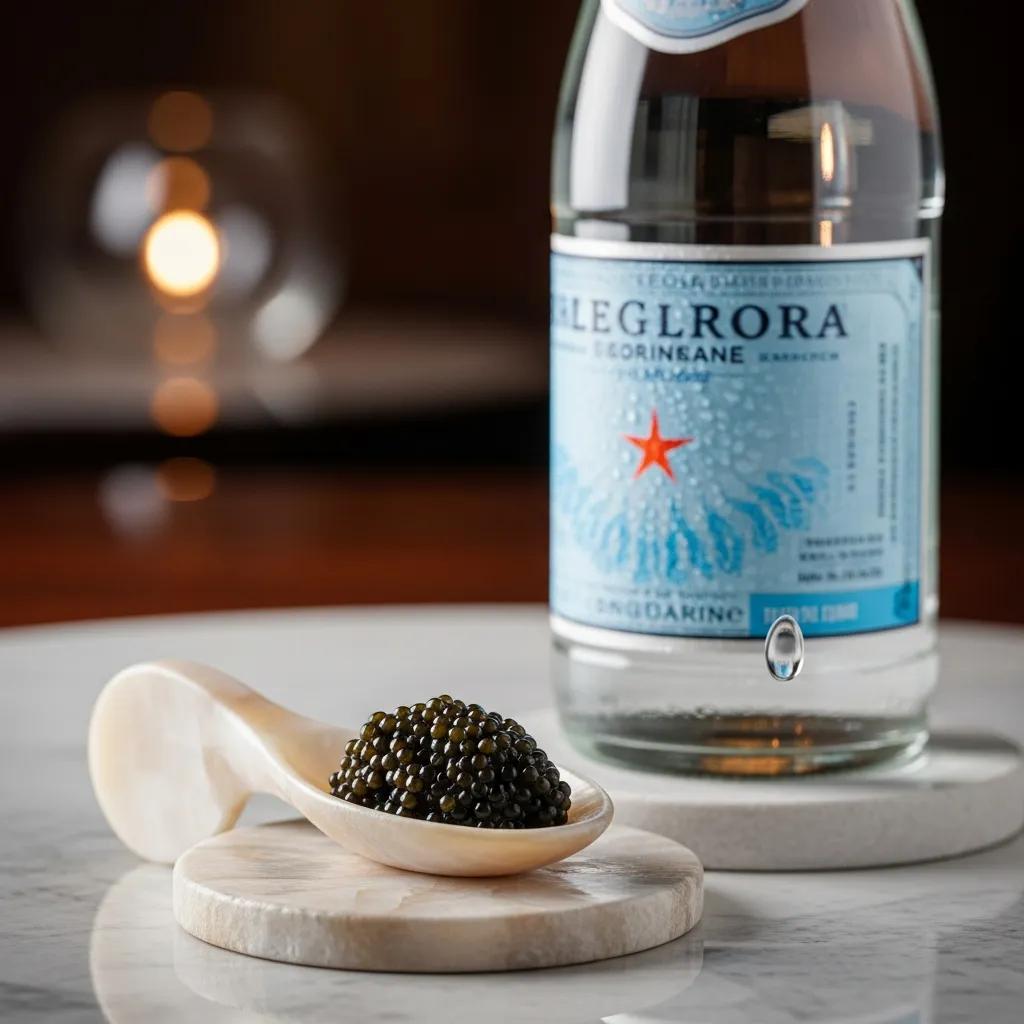 Artistic presentation of caviar on a mother-of-pearl spoon with a bottle of mineral water, emphasizing luxury and texture in fine dining at Kaviar Restaurants.