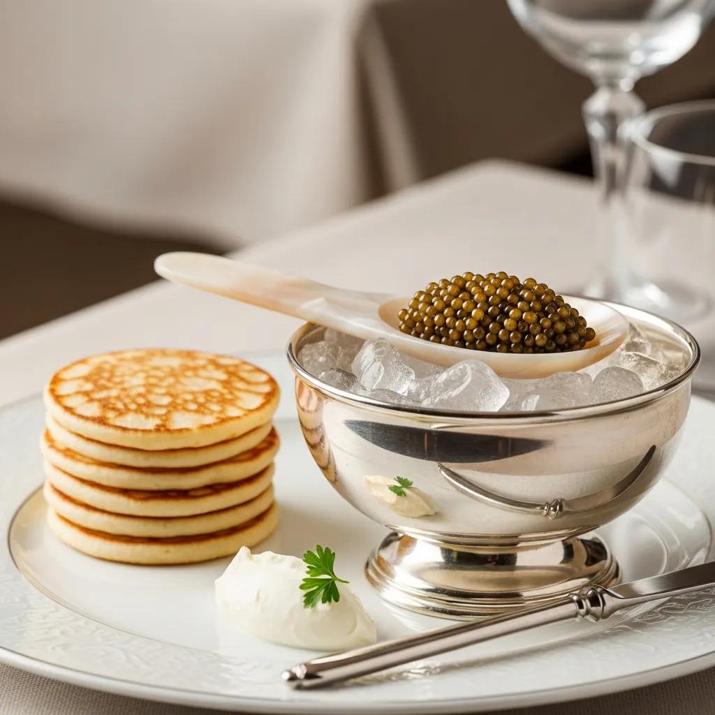 Kaluga caviar presented on a mother-of-pearl spoon, accompanied by blinis and cr&egrave;me fra&icirc;che
