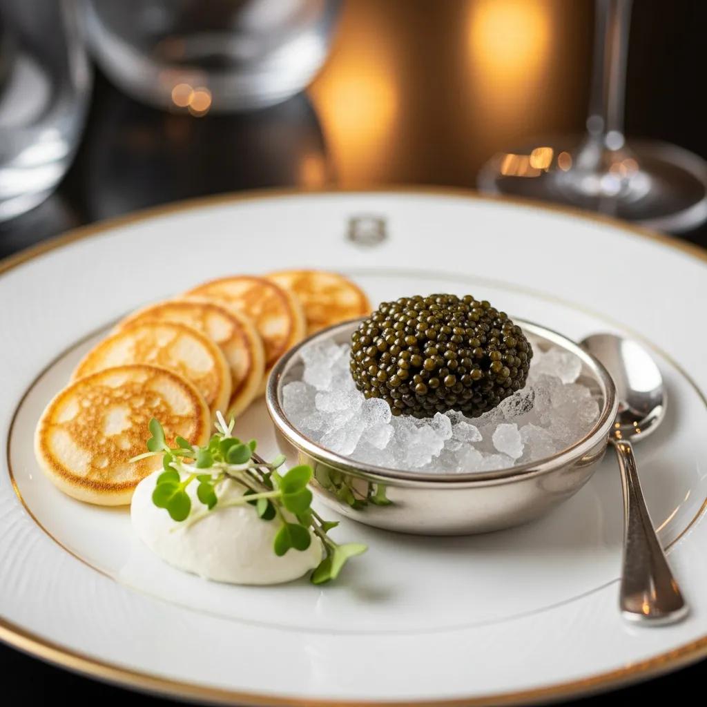 Caviar lunch presentation with blini, cr&egrave;me fra&icirc;che and microherbs