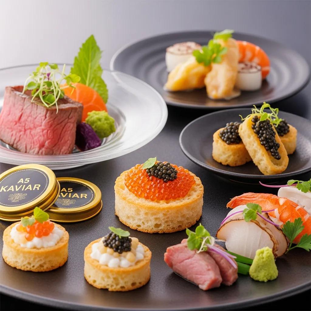 Signature presentation at Kaviar: A5 Wagyu, delicate seafood, and caviar-accented appetizers