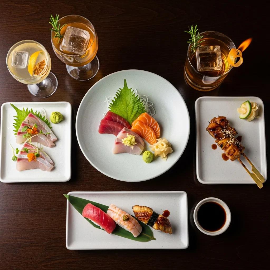 Artistic presentation of omakase meal featuring assorted sashimi, sushi, and yakitori, complemented by cocktails highlighting harmony between food and drink.