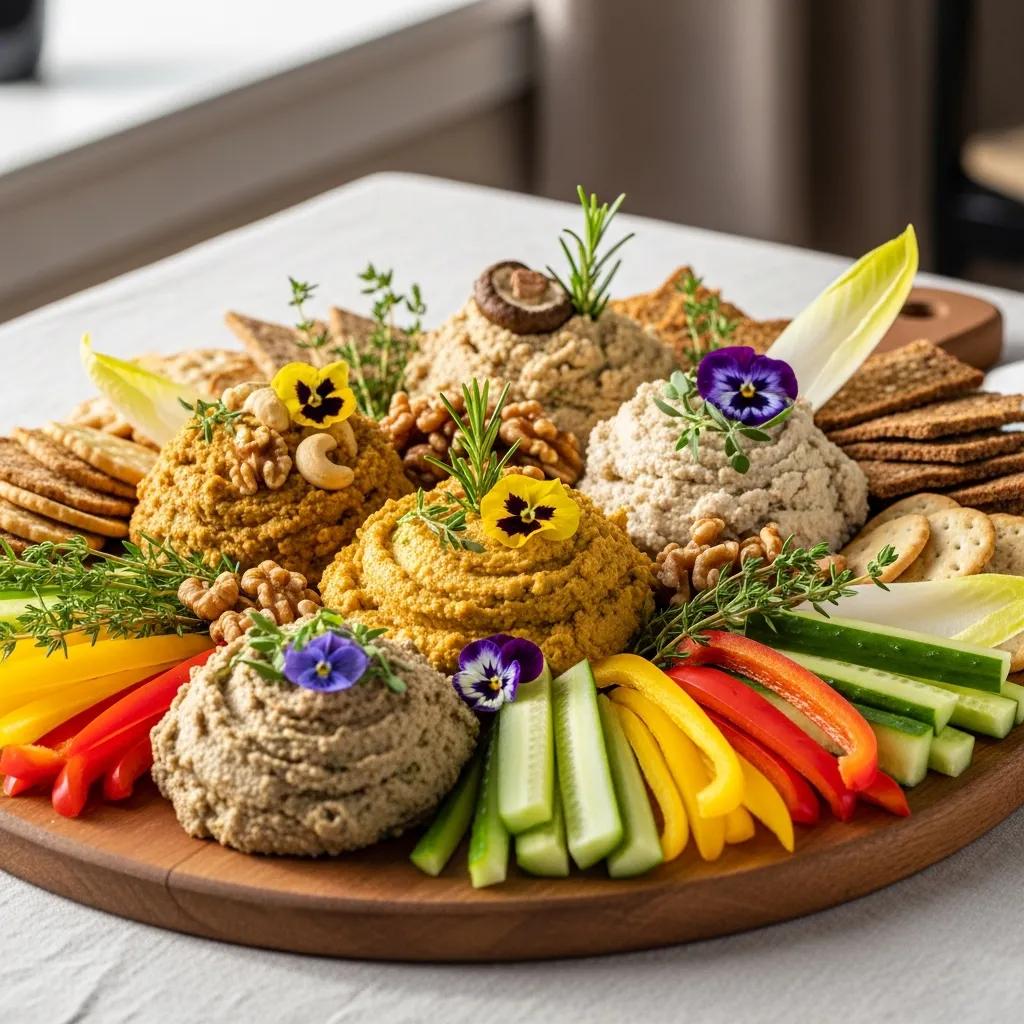 Artistic presentation of plant-based faux gras alternatives featuring creamy spreads made from nuts and mushrooms, garnished with fresh herbs and edible flowers, accompanied by colorful vegetables and crackers.