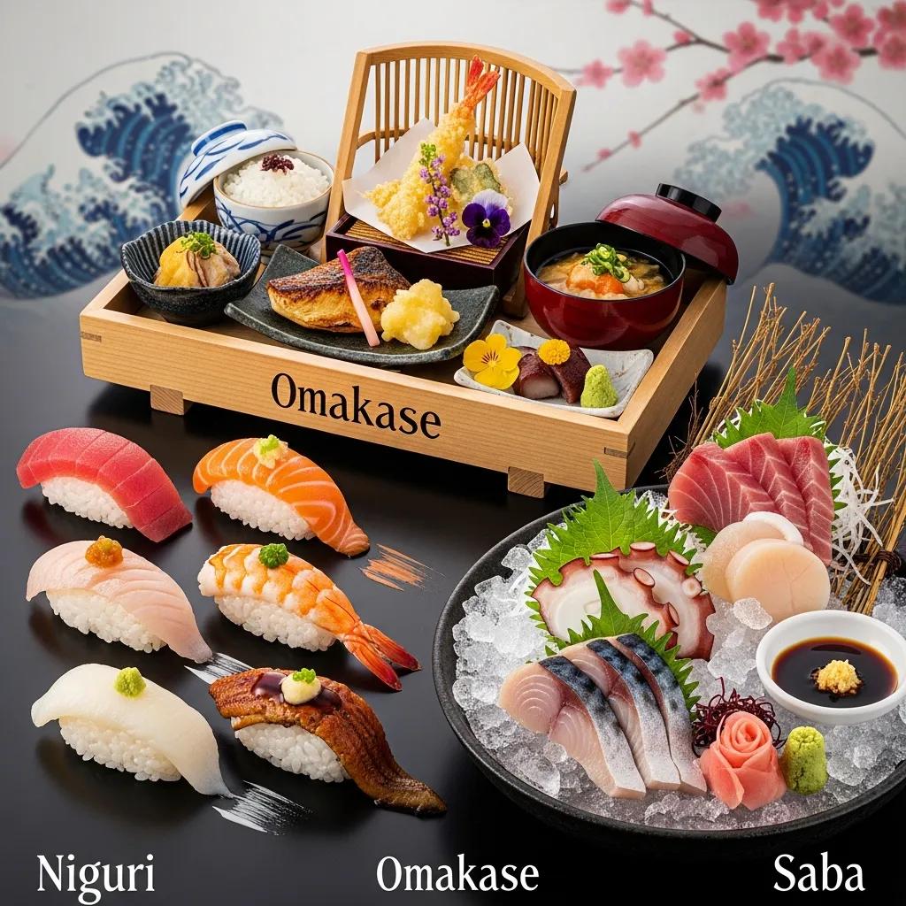 Artistic presentation of omakase sushi and sashimi, featuring various nigiri styles, a tempura platter, and a miso soup, highlighting Japanese culinary techniques and premium ingredients.