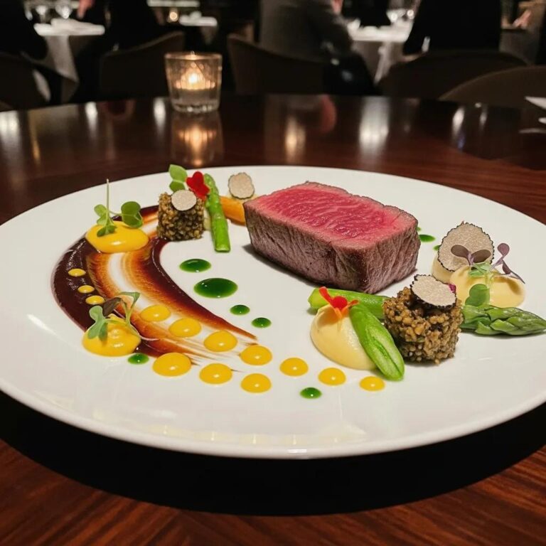 Artistic sauce presentation on a fine dining plate featuring A5 Wagyu and vibrant garnishes