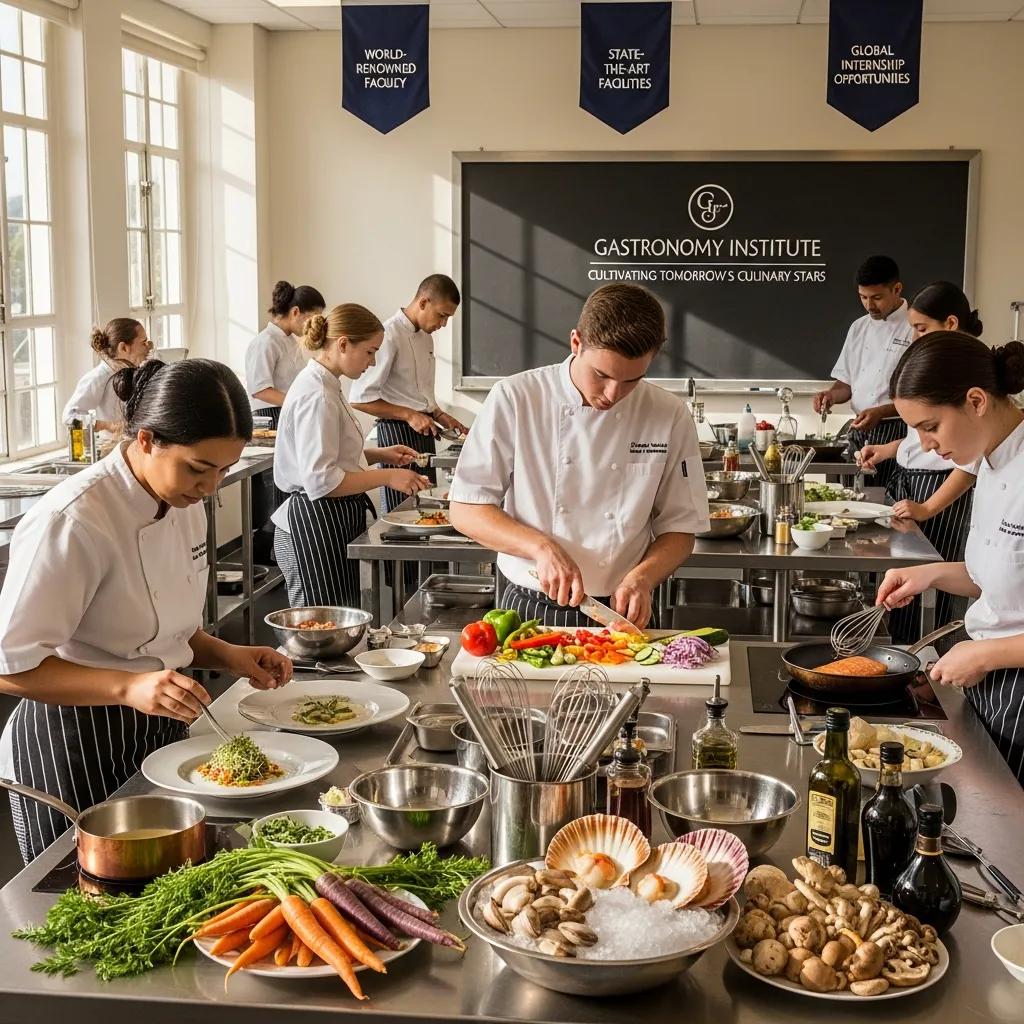Culinary students in chef uniforms practicing advanced cooking techniques at the Gastronomy Institute, featuring premium ingredients like A5 Wagyu and fresh seafood, emphasizing fine dining preparation and skill development.