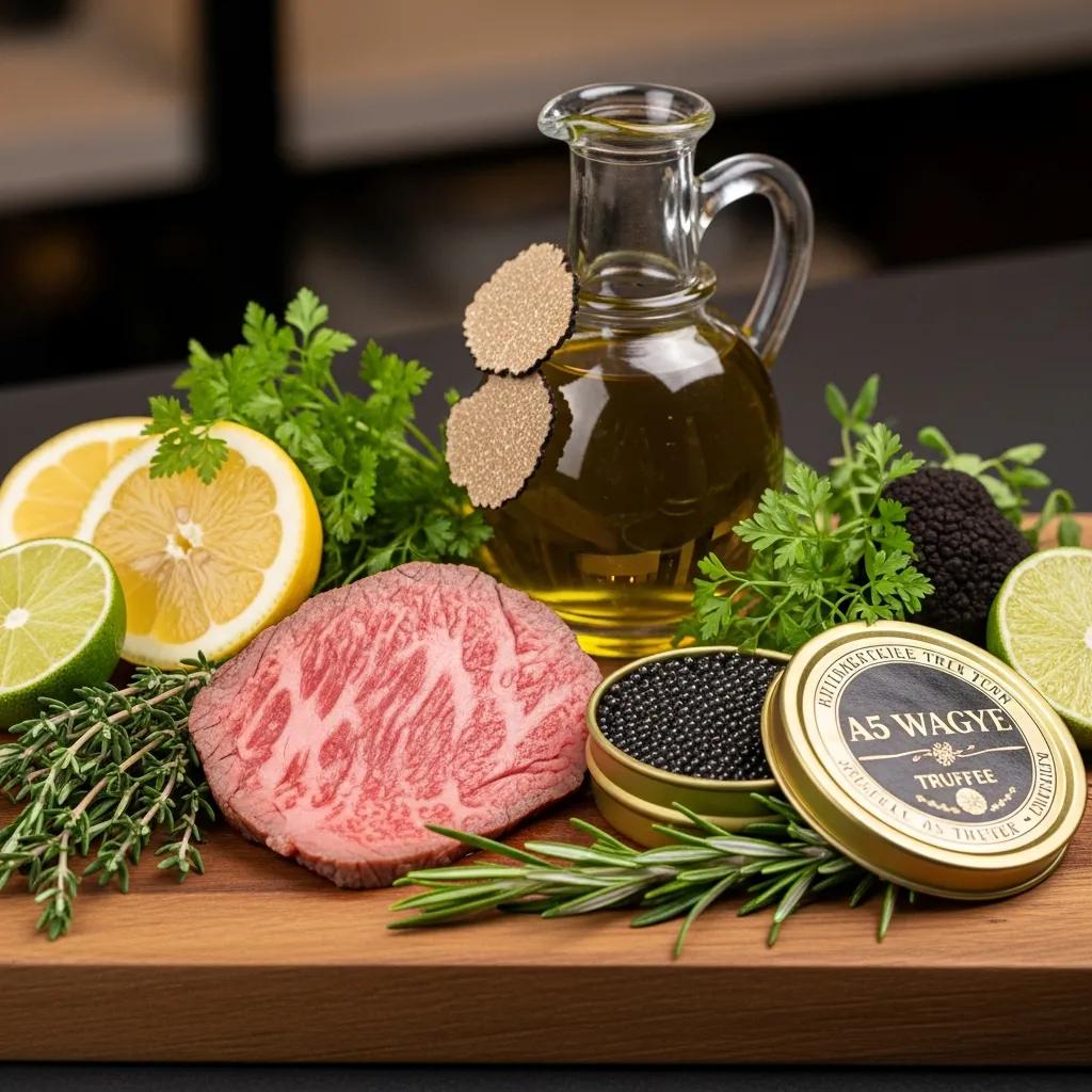 Selection of premium ingredients for canap&eacute;s: A5 Wagyu, caviar and truffle elements