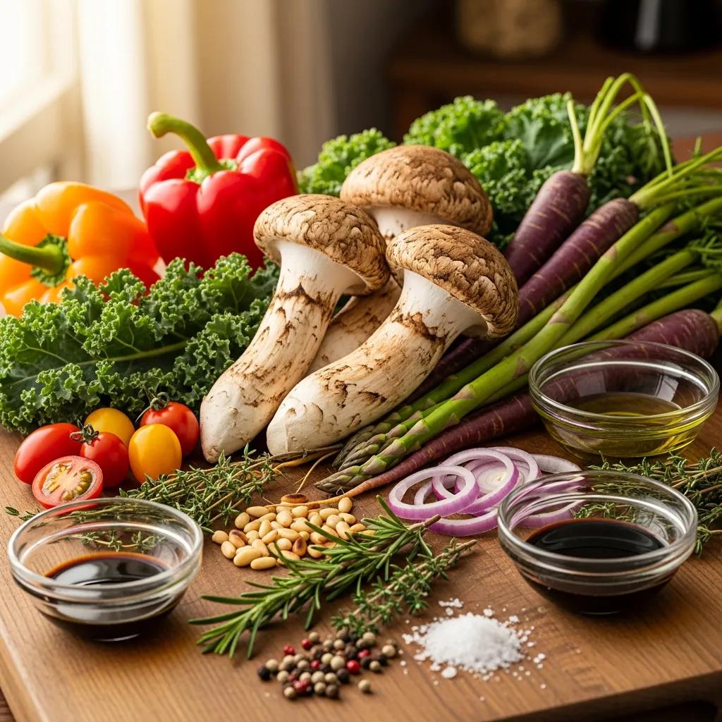 Assortment of premium plant-based ingredients including king oyster mushrooms, colorful bell peppers, kale, purple carrots, cherry tomatoes, and various herbs, accompanied by bowls of soy sauce, olive oil, pine nuts, and seasonings, showcasing freshness and quality for elevated vegetarian dishes.