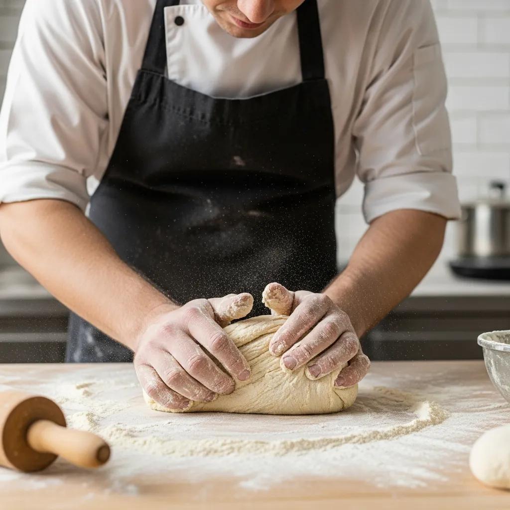 Baker working dough on a floured counter, demonstrating essential artisan techniques