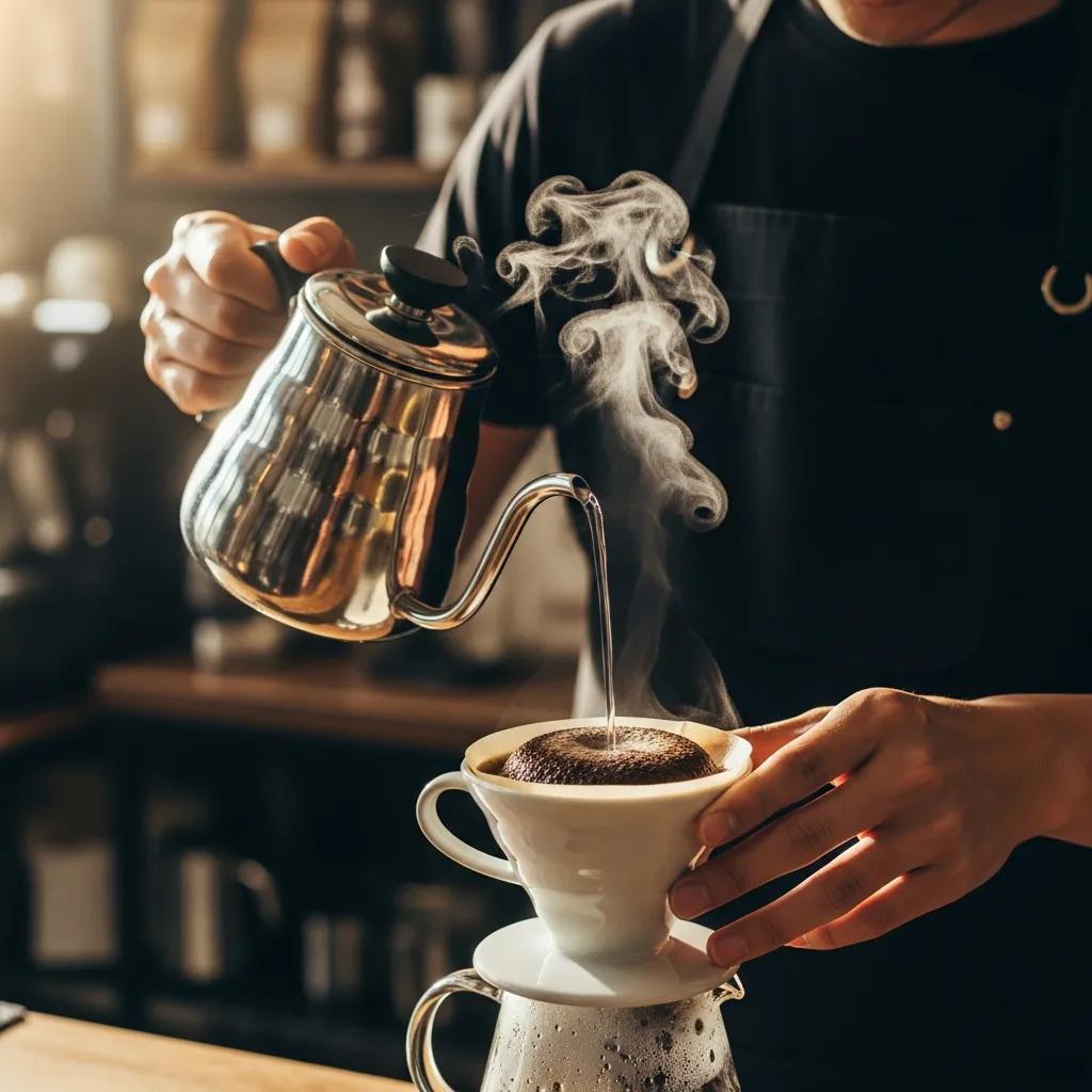 Careful pour‑over in progress: a steady stream of water over a paper filter to illustrate controlled extraction