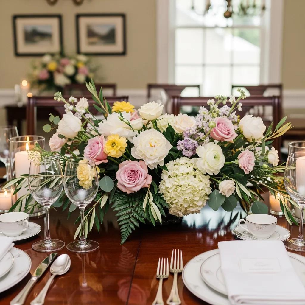 Elegant floral centerpiece arrangement featuring pastel roses, peonies, and seasonal blooms, complemented by candles and fine dining tableware, enhancing a luxurious dinner party atmosphere.