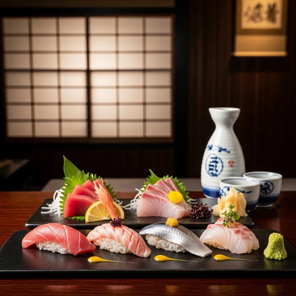 Beautifully plated omakase sushi and sashimi in a traditional Japanese dining setting, featuring colorful fish varieties, garnished with wasabi and lemon, alongside sake and small dishes, highlighting fine dining and culinary artistry.