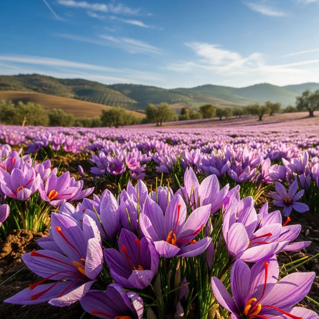 Fields of blooming saffron crocus, illustrating seasonal harvest and quality factors