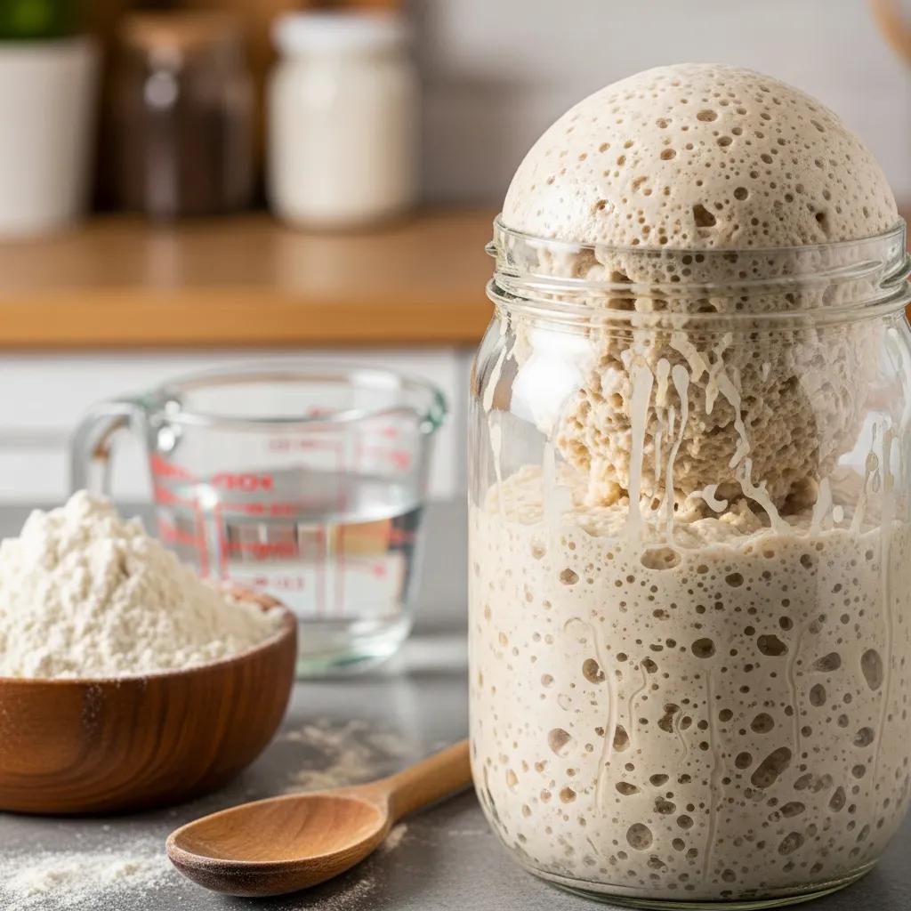 Bubbling sourdough starter in a glass jar, showing active natural fermentation
