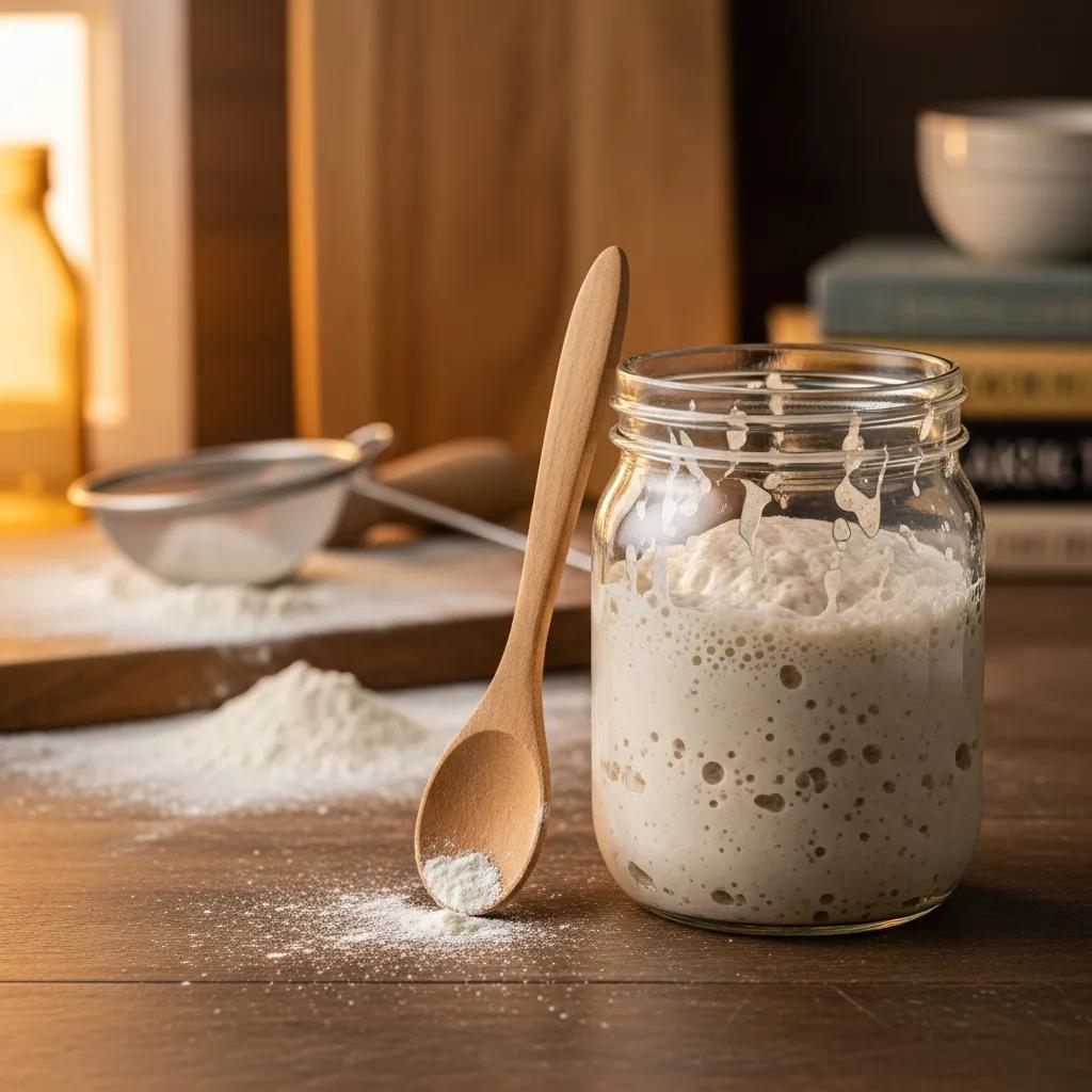 Bubbling sourdough starter in a glass jar with a wooden spoon, surrounded by flour and kitchen tools, illustrating the maintenance and preparation for artisanal bread baking.