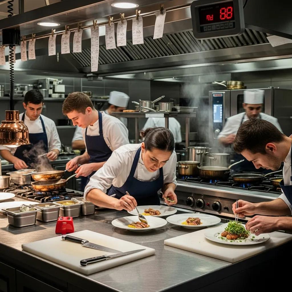 Busy fine dining kitchen with chefs preparing gourmet dishes under pressure, focused on plating and culinary precision amidst a high-stakes environment.