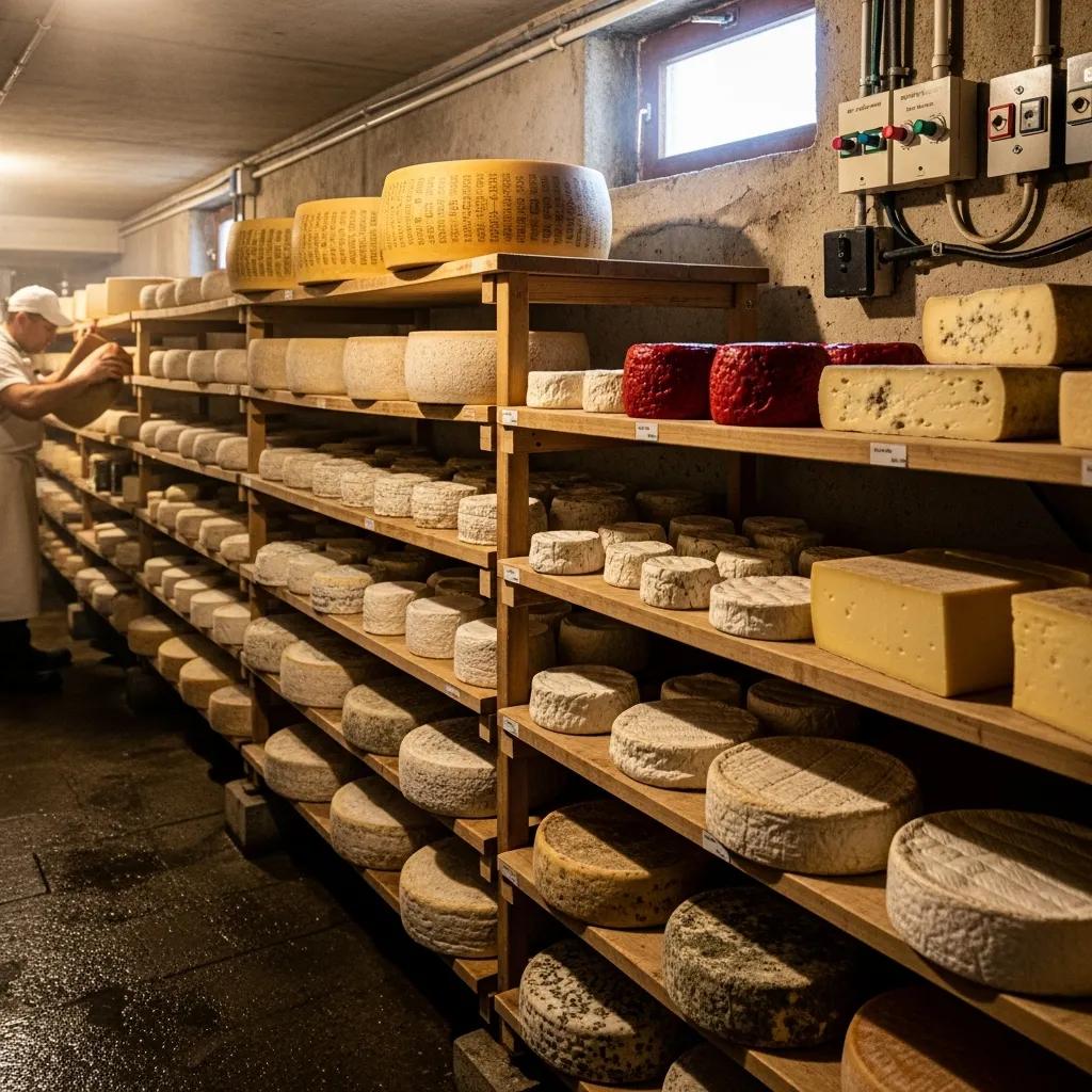 Cheese aging cellar with rows of cheeses on shelves illustrating different affinage methods