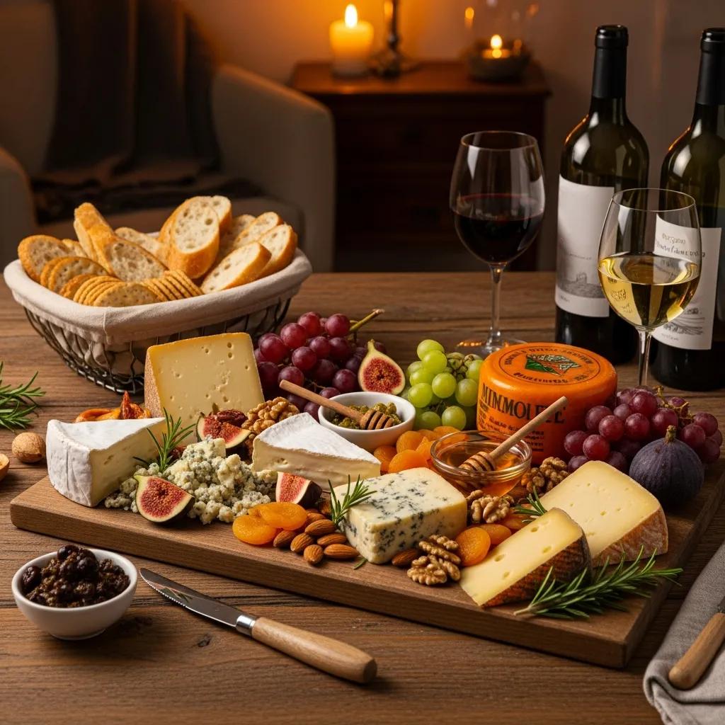 Artisan cheese board featuring a variety of cheeses, fresh fruits, nuts, honey, and wine pairings, set in a cozy dining atmosphere.