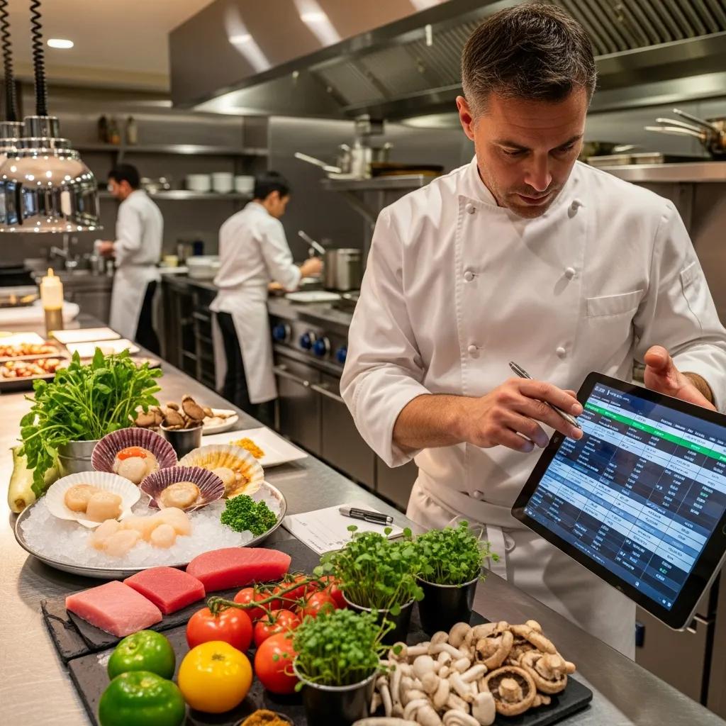 Chef analyzing menu matrix on tablet in fine dining Japanese kitchen, surrounded by fresh ingredients like A5 Wagyu, seafood, and vegetables, emphasizing menu engineering strategies for profitability.