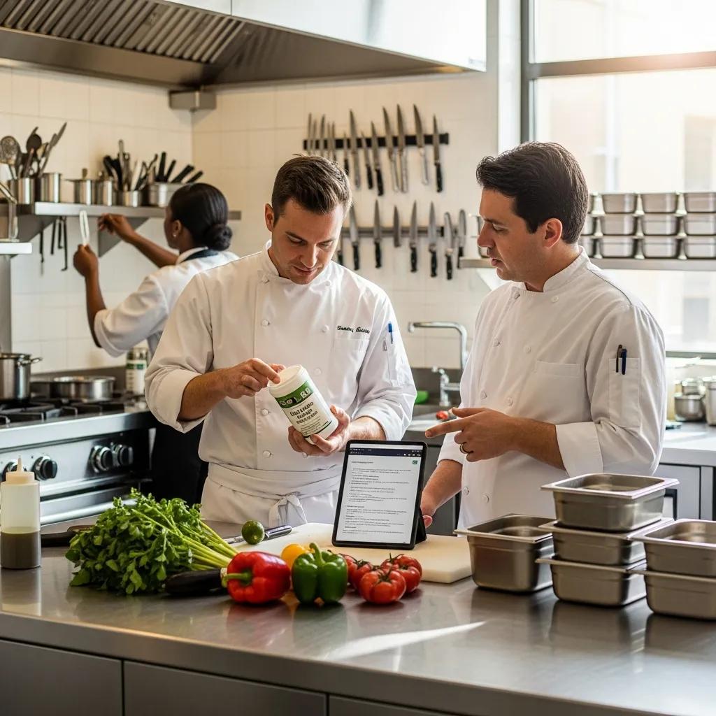 Chefs in a professional kitchen discussing allergy-friendly ingredients while preparing fresh vegetables, emphasizing Kaviar Restaurants' commitment to personalized service and dietary safety.