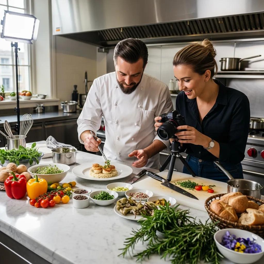 Chef and food creator collaborating in a refined kitchen, blending culinary craft with thoughtful influencer storytelling