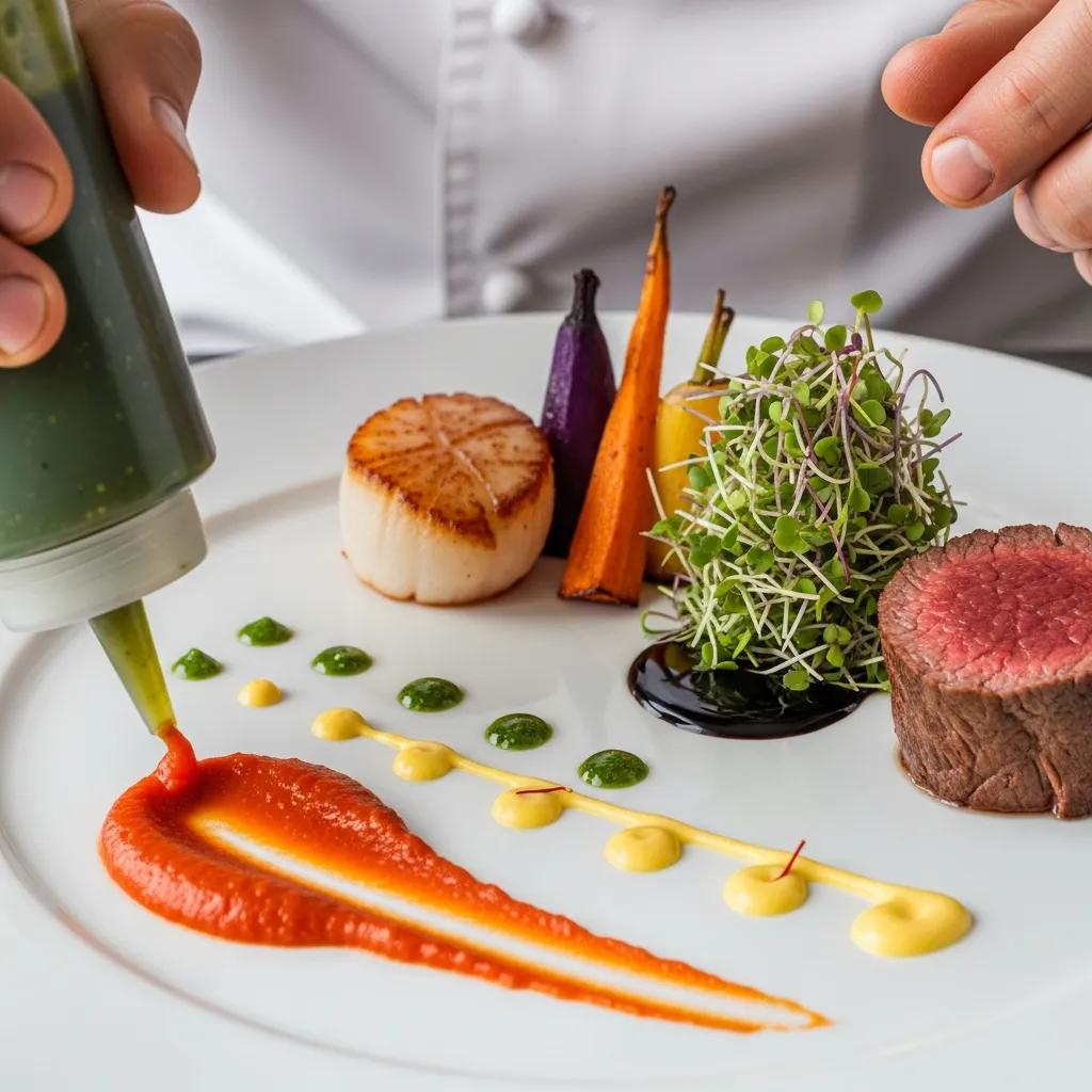 Chef demonstrating refined sauce techniques