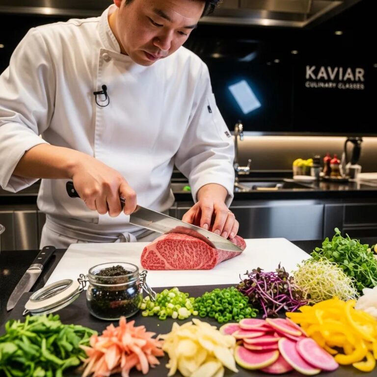 Chef demonstrating Japanese cooking techniques with A5 Wagyu and caviar in a modern kitchen