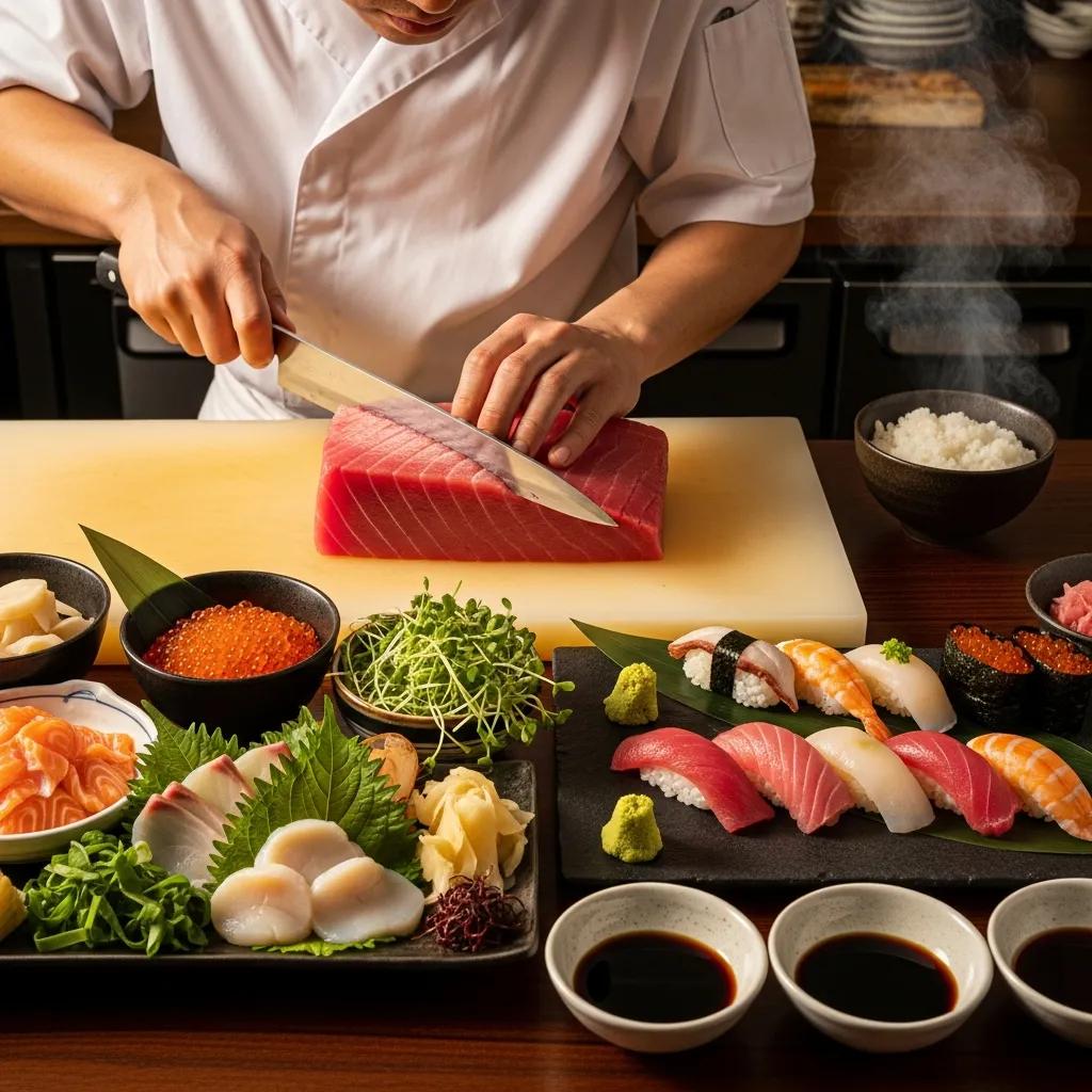 Chef demonstrating key techniques for Kaviar's omakase: precise slicing and attentive plating