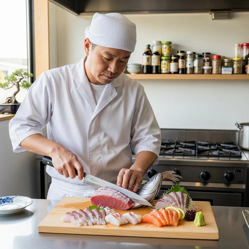 Chef demonstrating precise knife work while preparing sashimi, highlighting focused technique and care